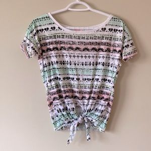 Pink/green water colour and pattern shirt